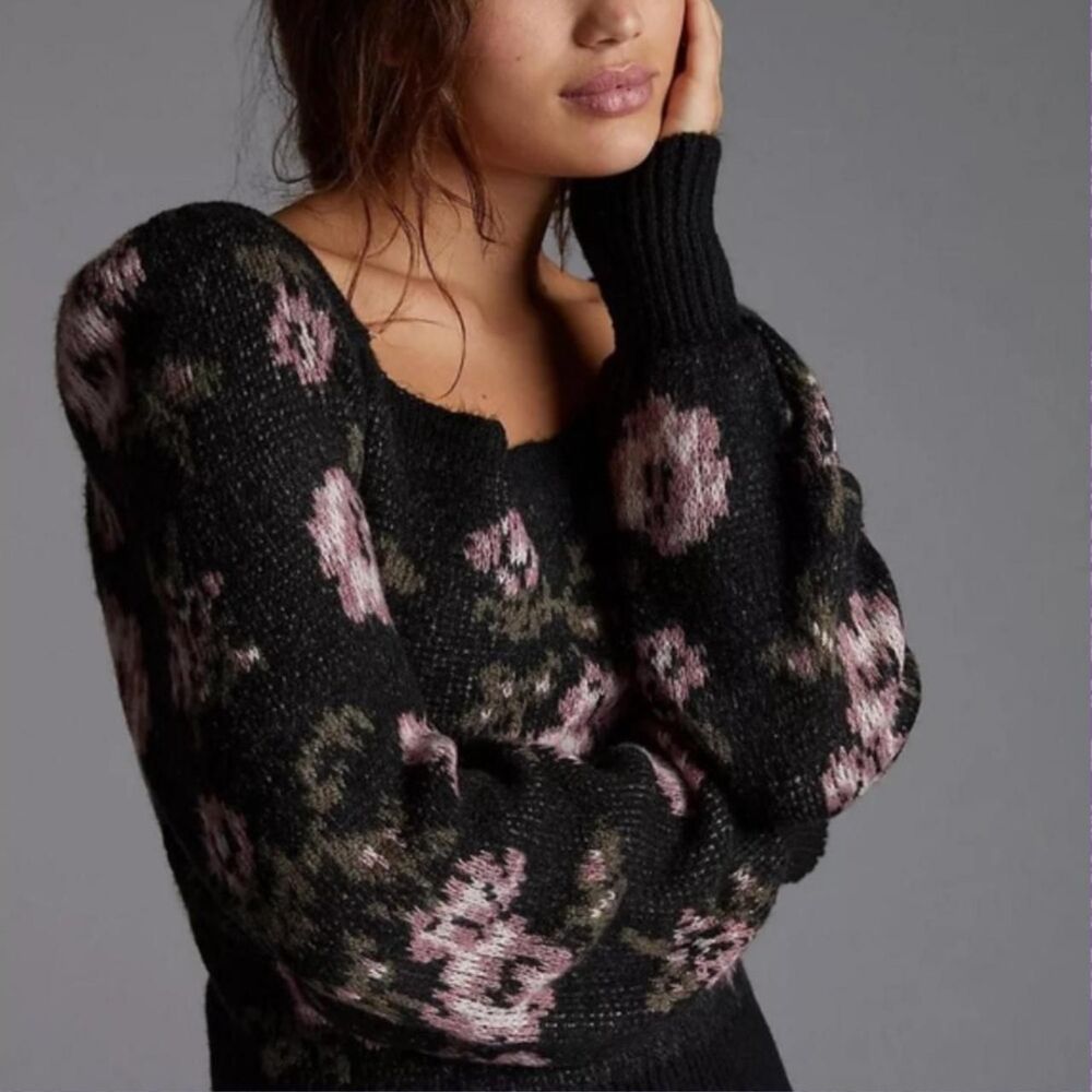 Anthropologie Black Floral Square Neck Puff Sleeve Sweater | Size XS